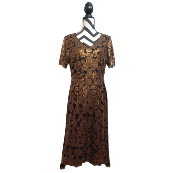 Boden Gold Floral Sequin Sz 10L Mesh Midi Dress - Picture 1 of 13
